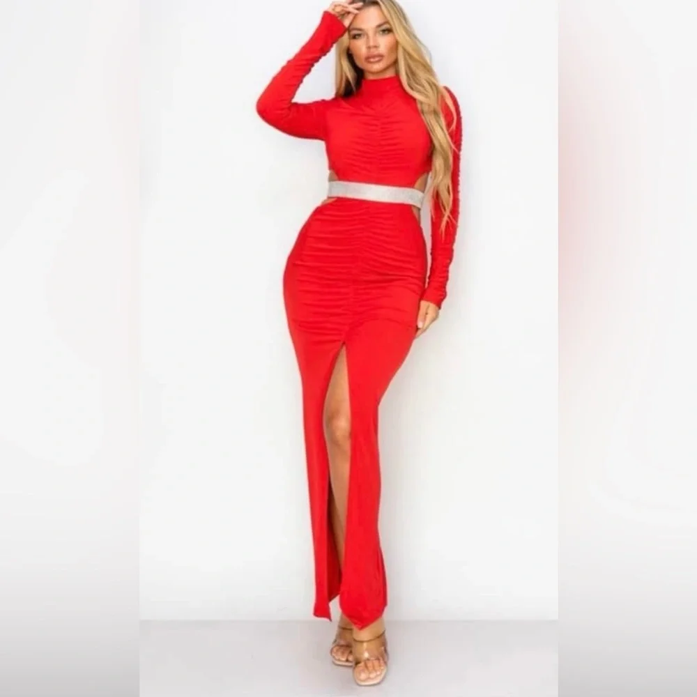 Red Maxi Pencil Skirt with Ruched Slit - Picture 2 of 5